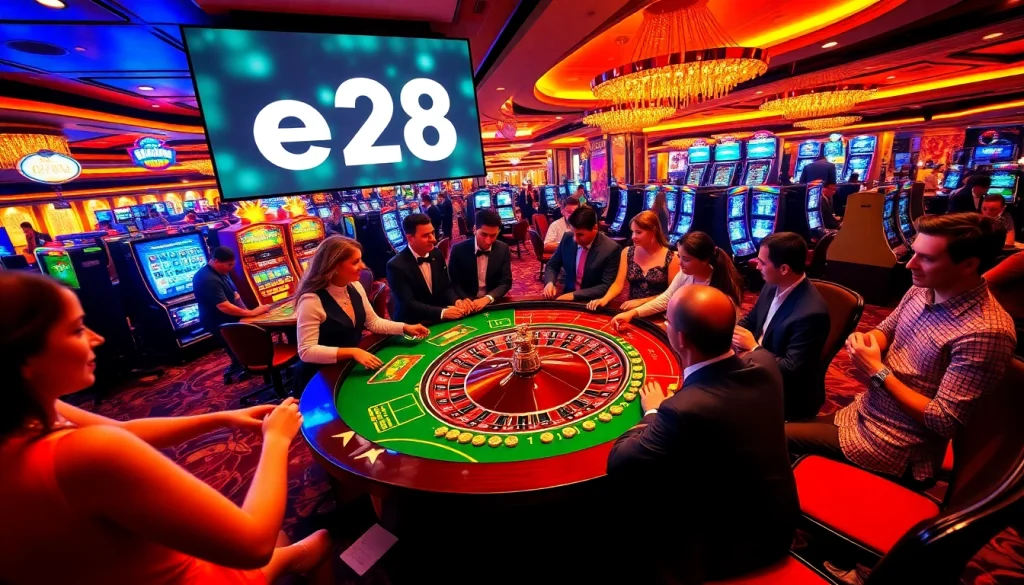 Experience the excitement of casino games at e28, depicting players engaged in thrilling roulette bets amidst a vibrant backdrop.