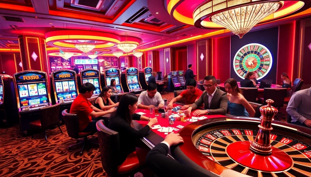 Exciting poker game at RR88 casino with players, colorful chips, and roulette wheel.