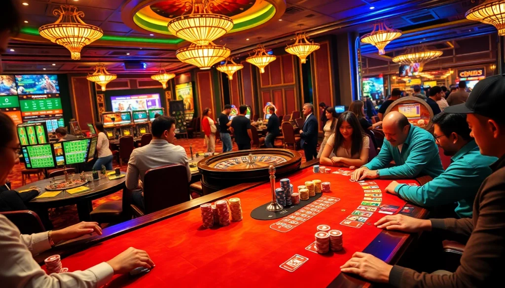 Experience the excitement of QQQ88 with players engaging in a lively poker game surrounded by casino glamour.