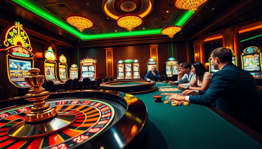 Elevate your gaming at NgonClub with a vibrant online casino setting featuring roulette and poker tables.